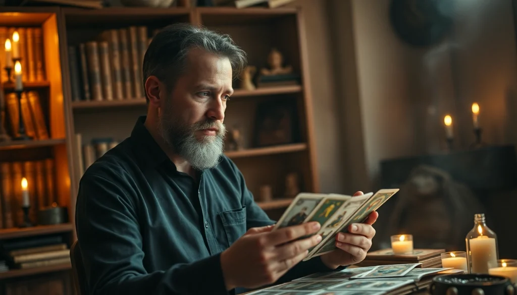 Voyant toulouse consultant des cartes de tarot dans un cabinet mystérieux