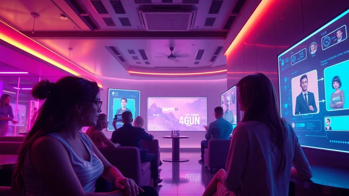 Engaging AI chat porn experiences in a futuristic lounge setting.