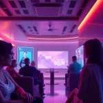 Engaging AI chat porn experiences in a futuristic lounge setting.