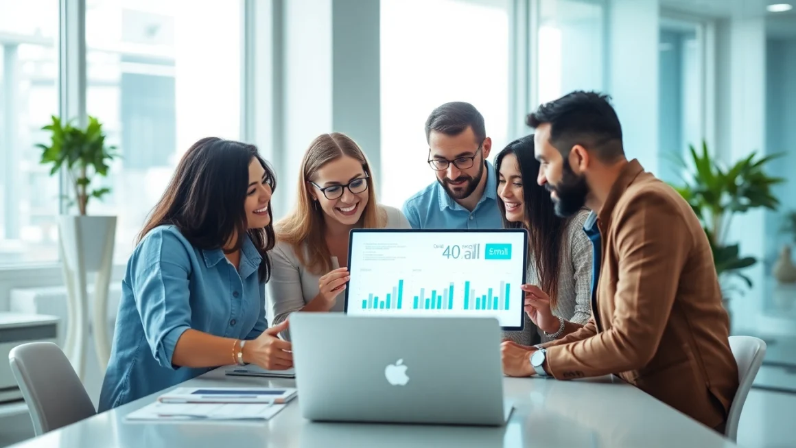 Scène de bureau collaborative axée sur "validation d'email en ligne" avec des professionnels discutant de la vérification des e-mails.