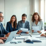 Traducteur agréé consultant avec des clients dans un cadre professionnel, mettant l'accent sur la collaboration.