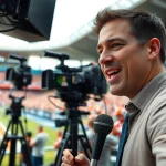 Engaging sports broadcasting scene with a commentator and cheering crowd