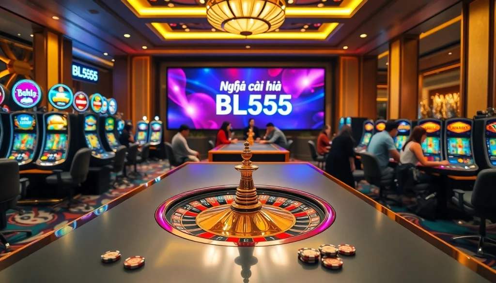 Engaging scene at Nhà cái BL555 casino with players enjoying roulette and slot machines.