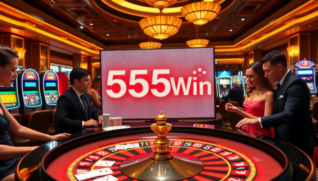Experience the thrill of 555 win with a luxurious casino setup featuring roulette, poker chips, and slot machines.