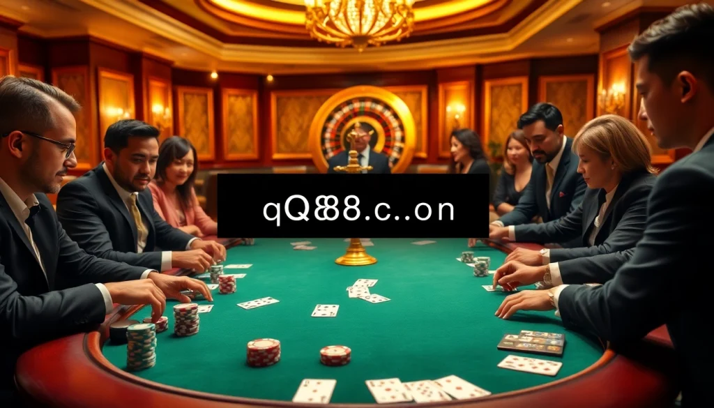 Engage in a thrilling casino experience at qq88.co.com, featuring vibrant poker chips and bets placed on a stylish poker table.