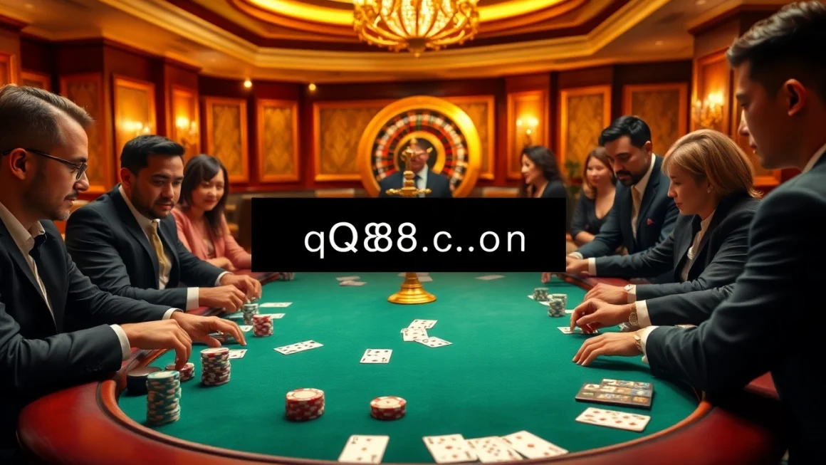 Engage in a thrilling casino experience at qq88.co.com, featuring vibrant poker chips and bets placed on a stylish poker table.
