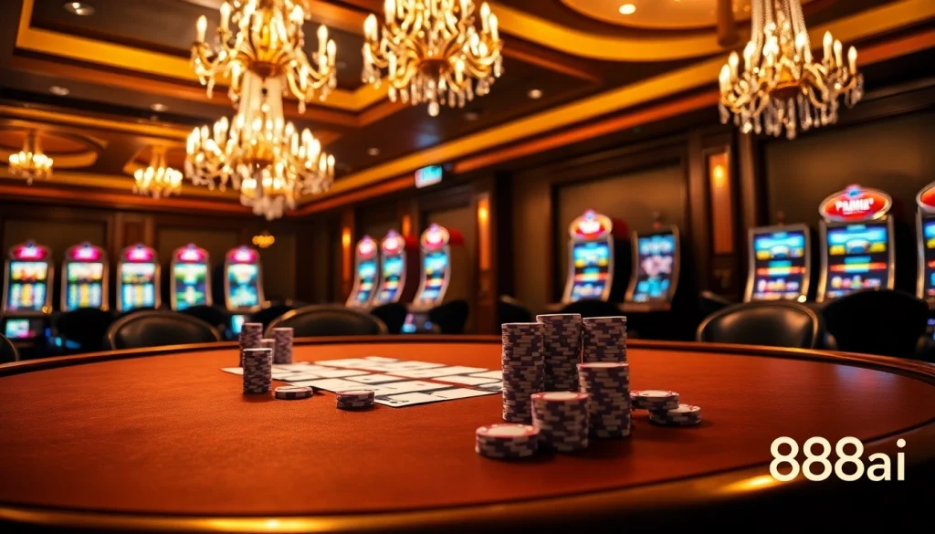 High-stakes poker gameplay at 88i casino featuring luxury tables and vibrant slot machines.
