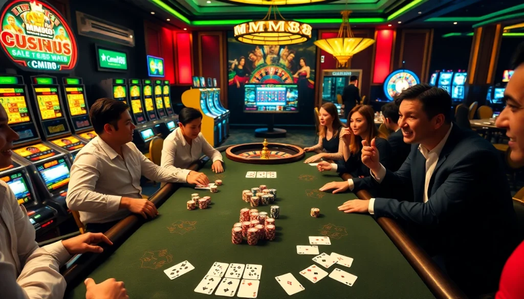 Players enjoying an exciting game at the MM88 casino table with poker chips and cards.