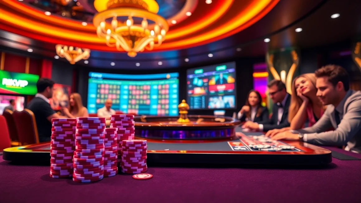 Gambling enthusiasts enjoying the RIKVIP online platform with poker chips and a roulette wheel.