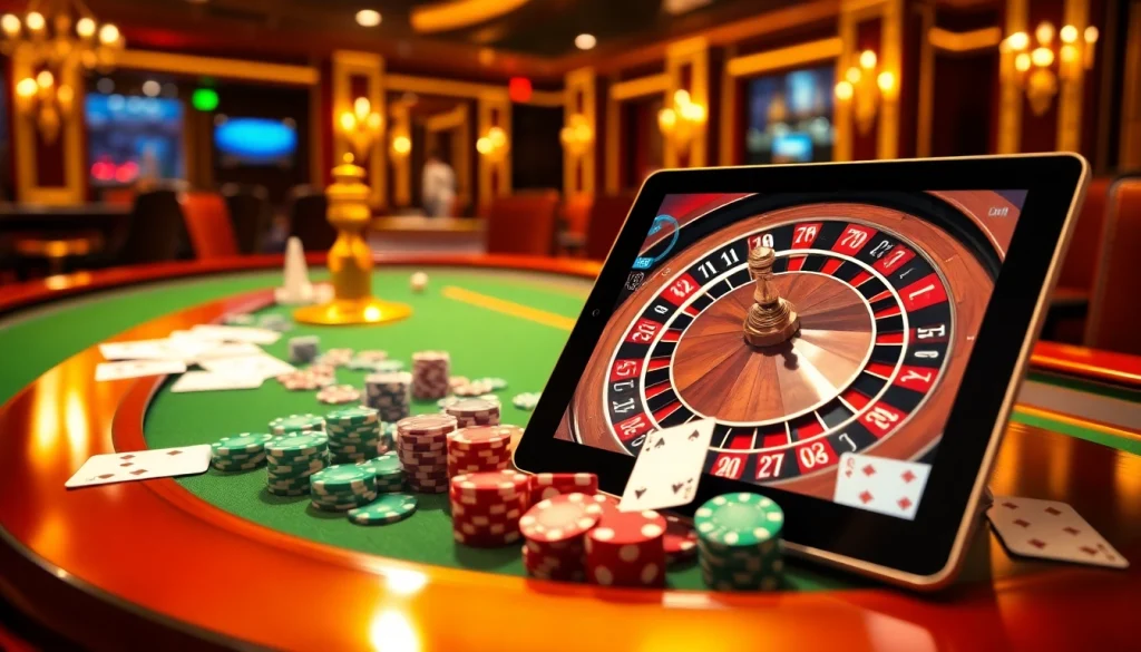 Experience the thrill of meilleur casino en ligne francais with a vibrant roulette wheel and poker setup.