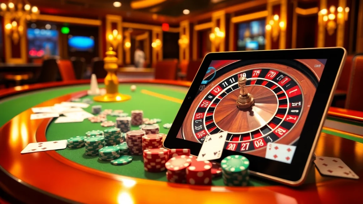 Experience the thrill of meilleur casino en ligne francais with a vibrant roulette wheel and poker setup.