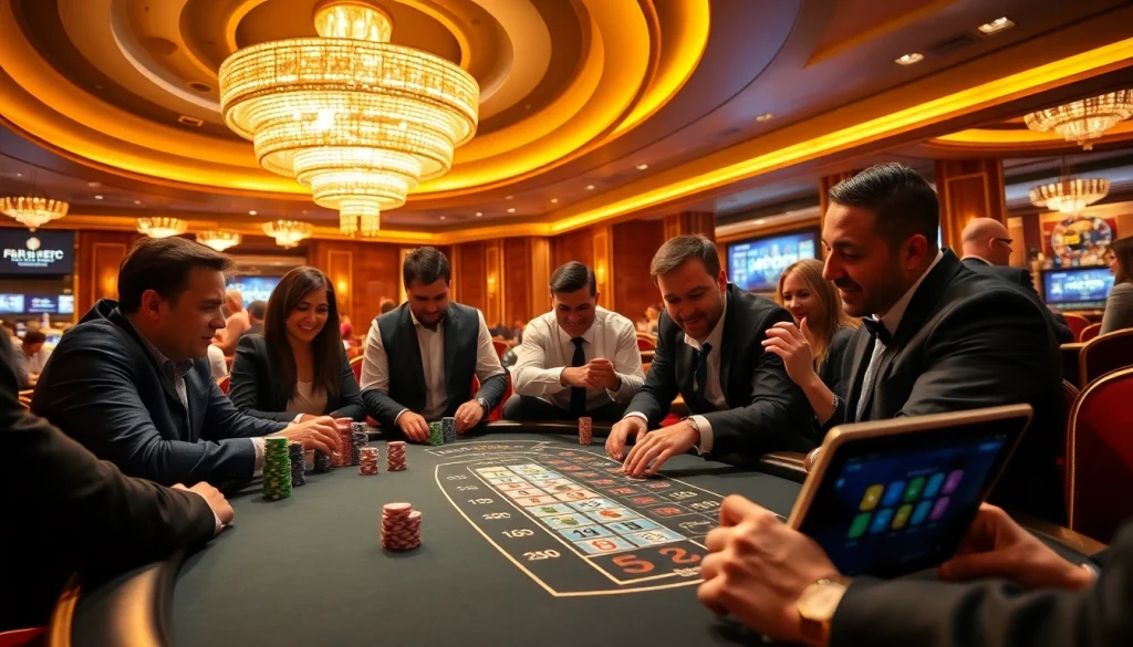 Engaging players enjoying a thrilling mm88 kjc casino experience with poker chips and a roulette wheel.