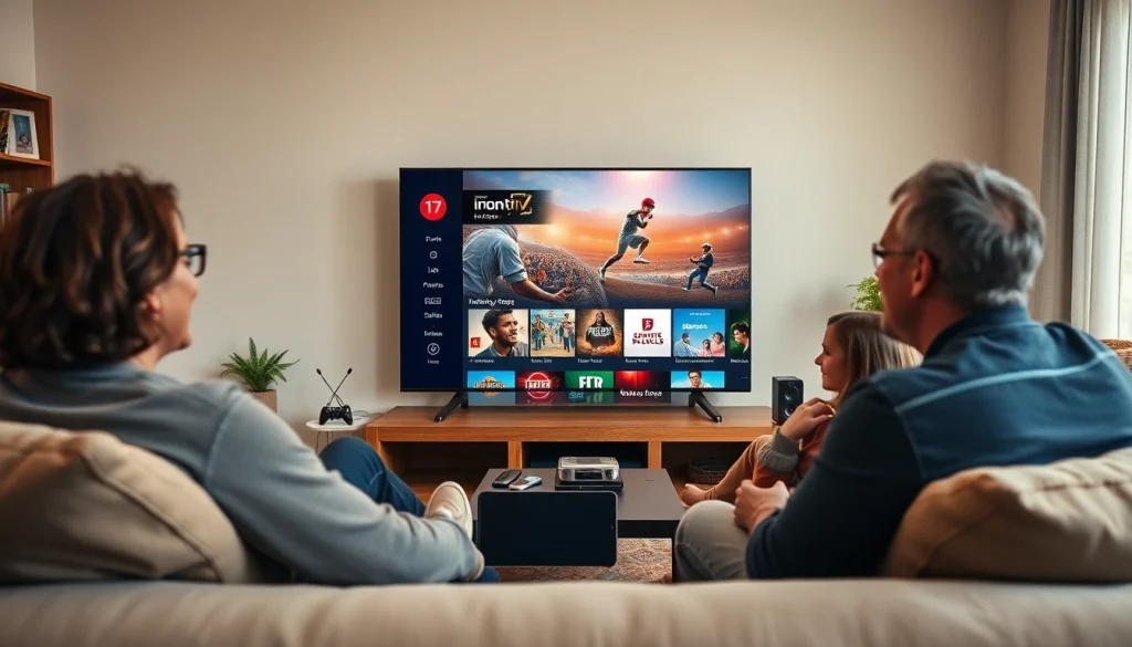 Enjoying Iron TV Pro with family in a vibrant living room, showcasing diverse 4K content.