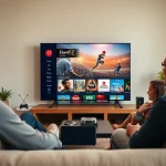 Enjoying Iron TV Pro with family in a vibrant living room, showcasing diverse 4K content.