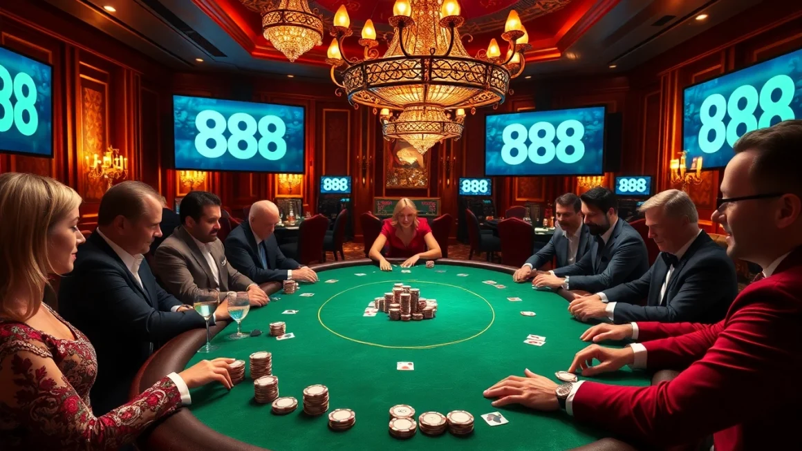 Experience excitement at u 888 casino with vibrant poker tables and elegant players.