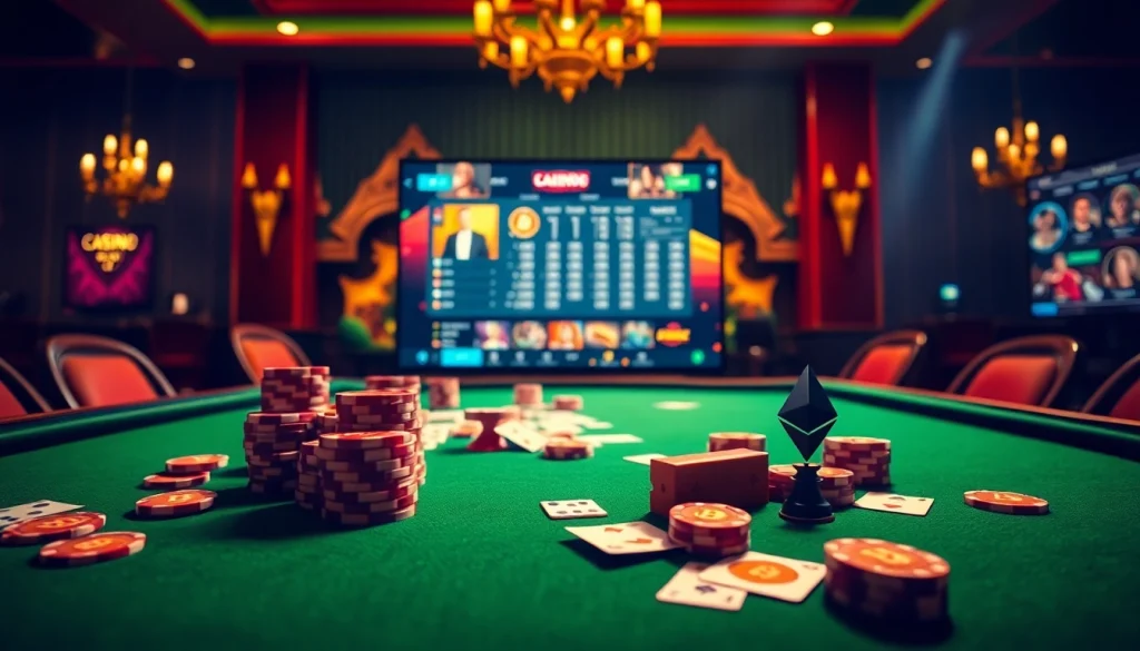 Plongez dans une ambiance de casino crypto en ligne captivante, avec des couleurs vibrantes, des jetons de poker et une interface de jeu luxueuse.