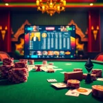 Plongez dans une ambiance de casino crypto en ligne captivante, avec des couleurs vibrantes, des jetons de poker et une interface de jeu luxueuse.