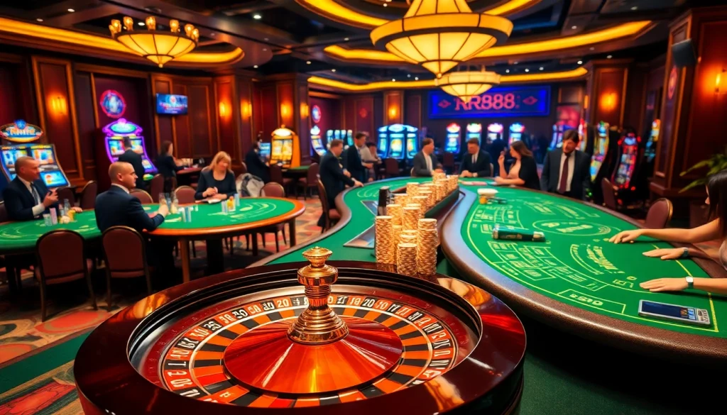 Players enjoying games at RR88 online casino with enticing visuals of roulette and poker.