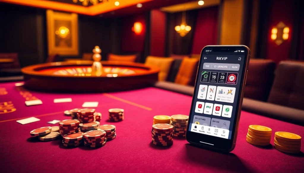 RIKVIP app showcased on a smartphone among luxurious casino elements like poker chips and a roulette wheel.