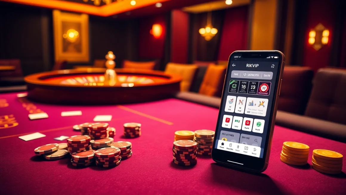 RIKVIP app showcased on a smartphone among luxurious casino elements like poker chips and a roulette wheel.