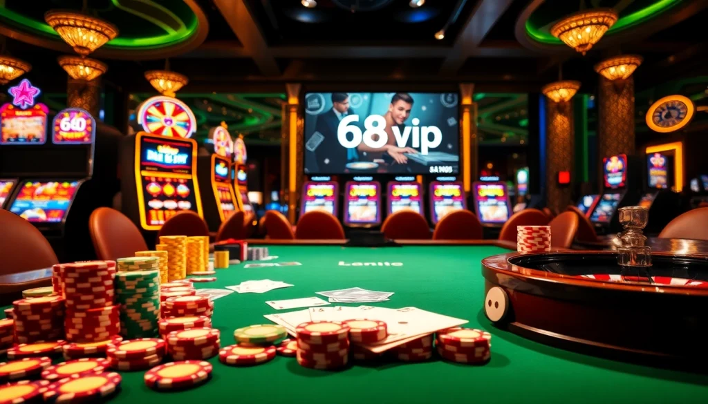 Experience the thrill of entertainment at https://68vip.video/ with vibrant casino elements like cards and roulette wheel.