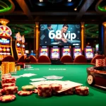 Experience the thrill of entertainment at https://68vip.video/ with vibrant casino elements like cards and roulette wheel.