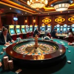 MMOO players enjoying an exciting game at a vibrant casino roulette table with colorful chips.