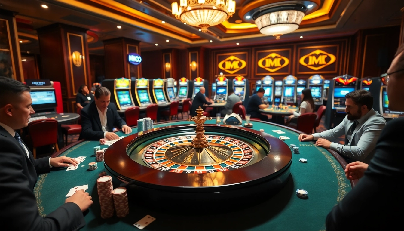 MMOO players enjoying an exciting game at a vibrant casino roulette table with colorful chips.