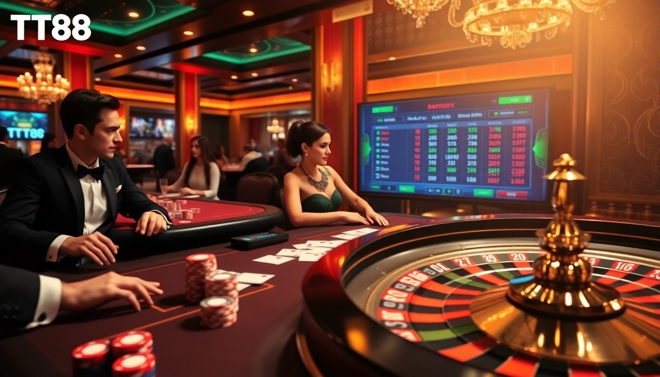 TT88 casino atmosphere with poker chips and roulette wheel, capturing luxury and excitement.
