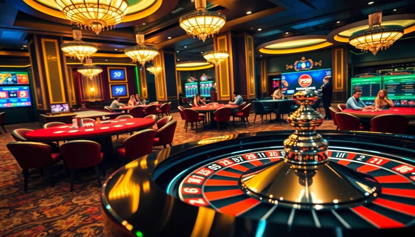 Exciting PS 99 online casino experience featuring roulette and poker games with luxurious ambiance.