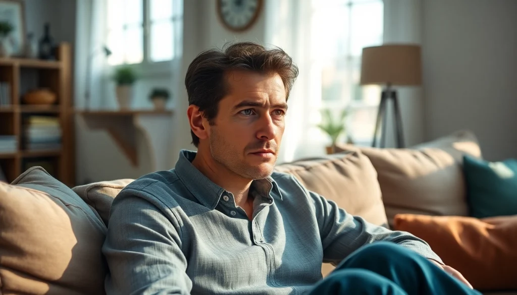 A person reflecting on depression symptoms in a cozy living room setting.