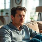 A person reflecting on depression symptoms in a cozy living room setting.