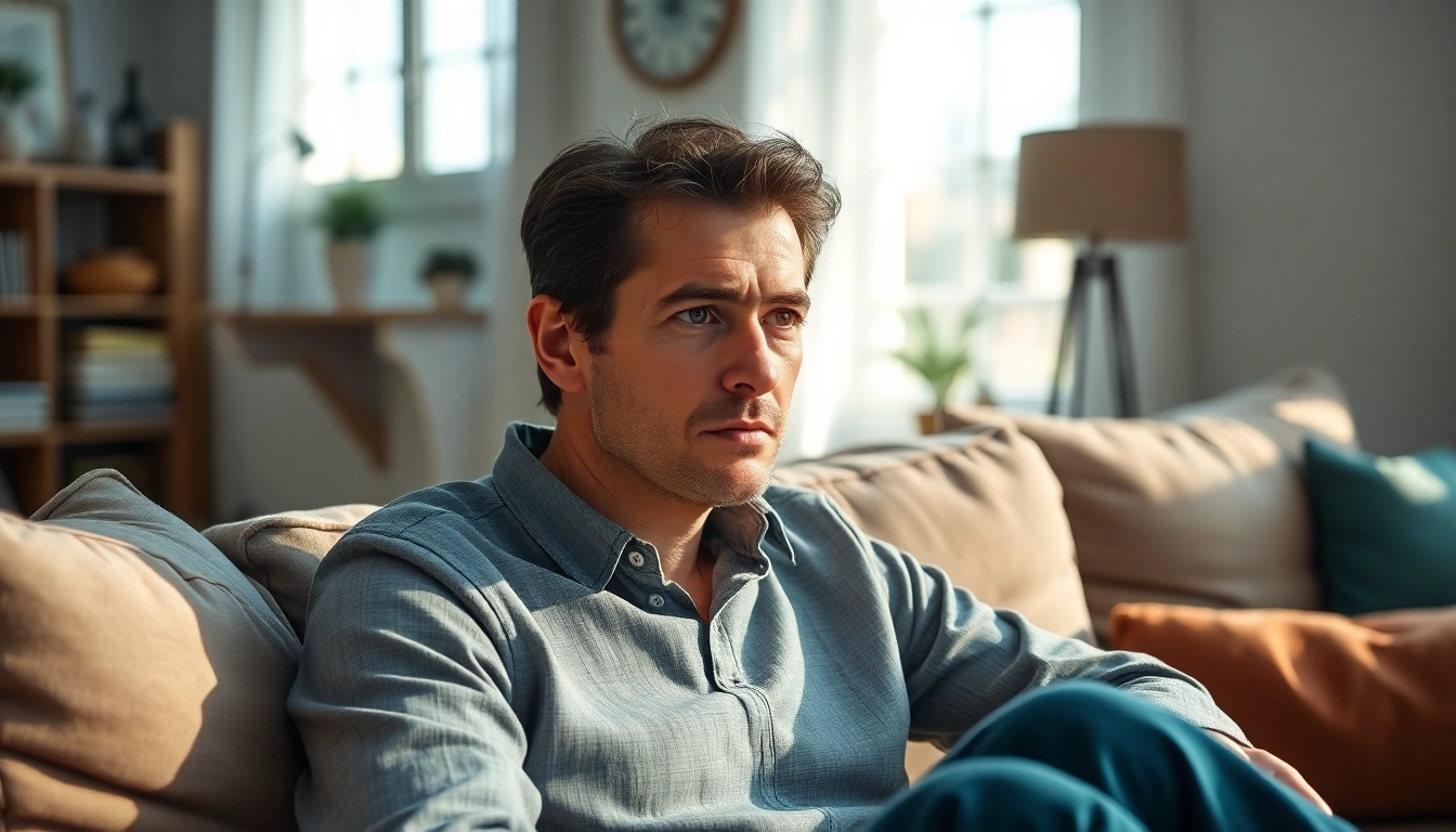 A person reflecting on depression symptoms in a cozy living room setting.