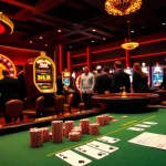 Fly88 casino scene showcasing an exciting poker table and roulette wheel, highlighting luxury and thrill.