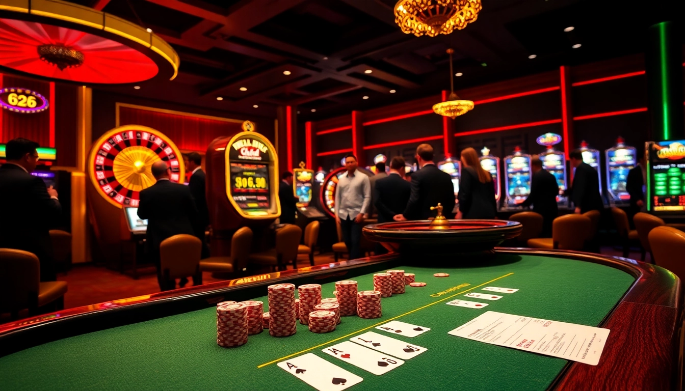 Fly88 casino scene showcasing an exciting poker table and roulette wheel, highlighting luxury and thrill.